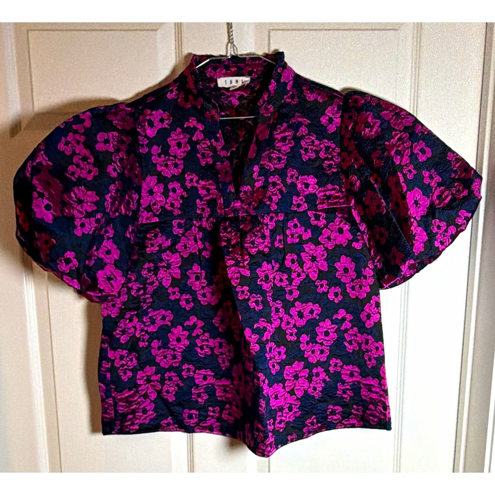 THML Women's Navy Pink Floral Jacquard Collared Puff Short Sleeve Blouse